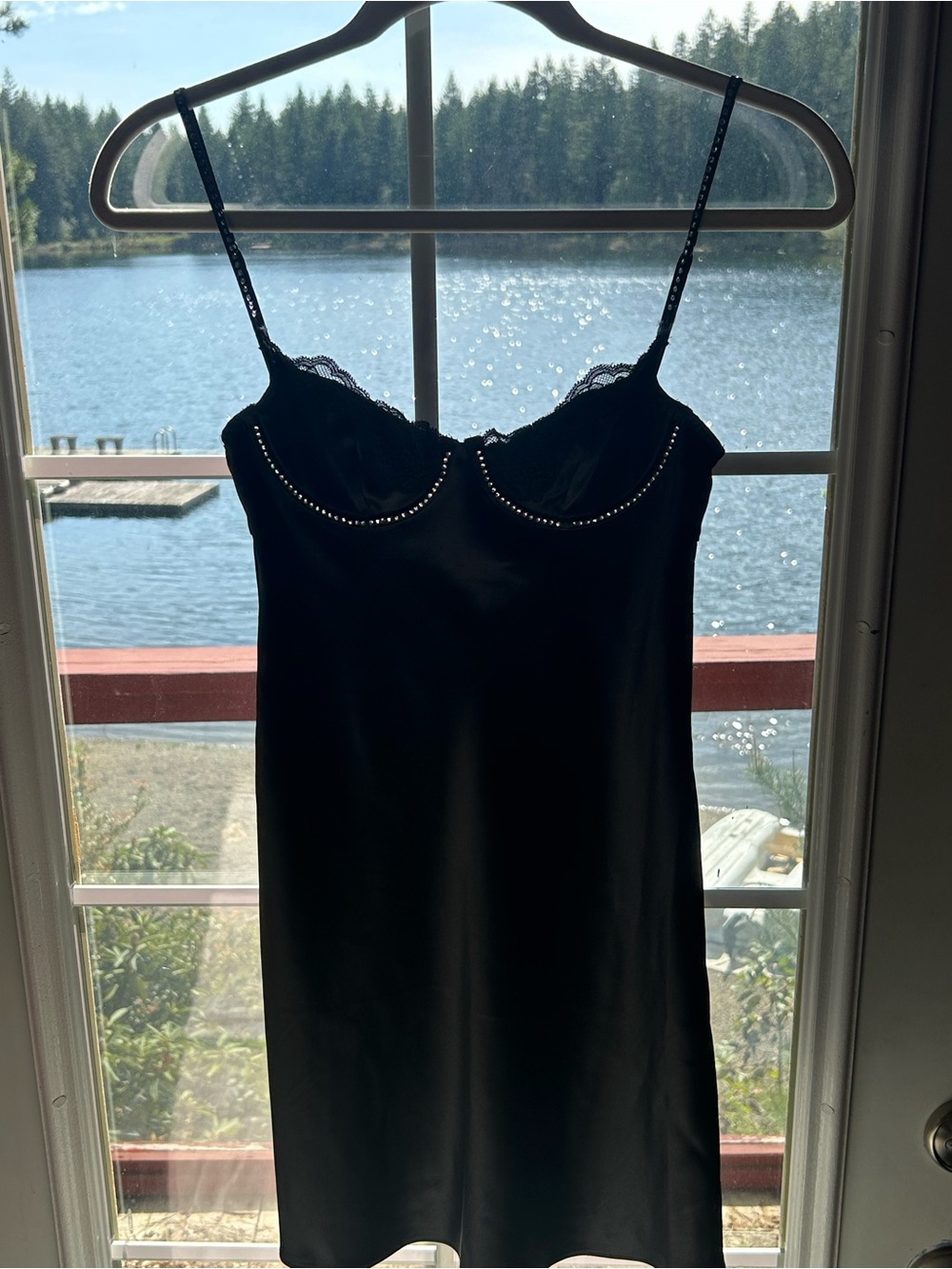 Victoria's Secret Black Lace-Trim Slip with Stud Details